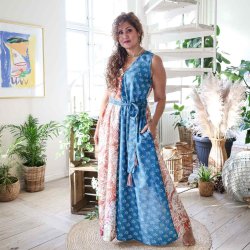 Beige / rust / turquoise / green Acapulco sleeveless maxi dress size S/M