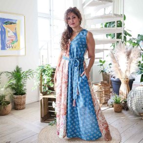 Beige / rust / turquoise / green Acapulco sleeveless maxi dress size S/M