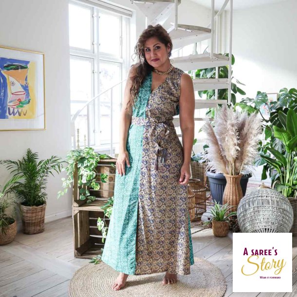 Beige / marine / petrol Acapulco rmels maxi kjole Str SM 