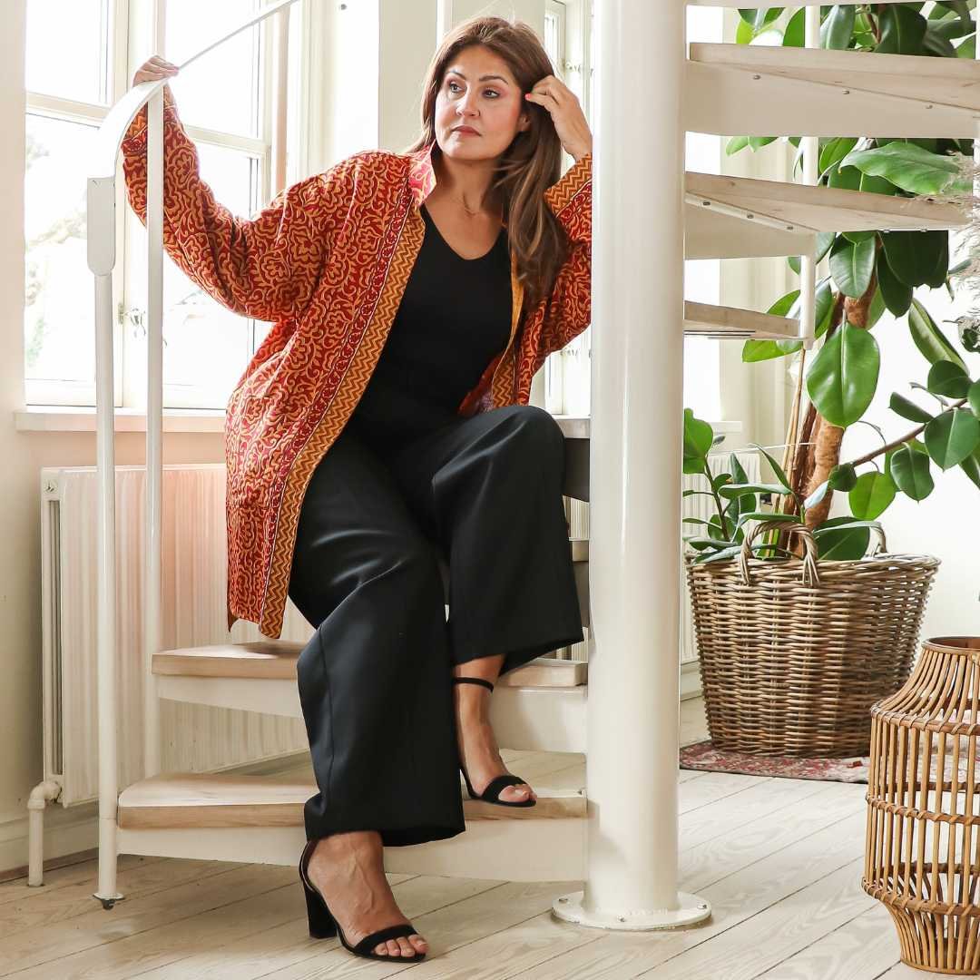 Bordeaux orange -Taupe / gul vendbar kimono jakke OneSize - A sarees Story