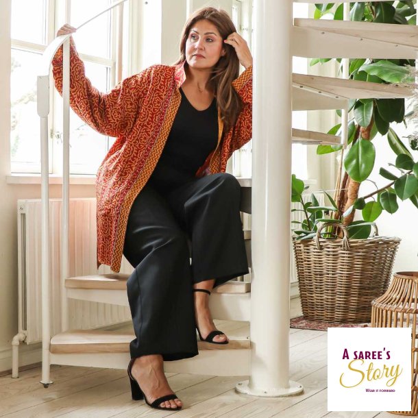 Bordeaux / orange -Taupe / gul Amstedam vendbar kimono jakke OneSize 