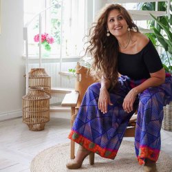 Blue-purple / taupe / magenta Cleopatra palazzo Size L/XL