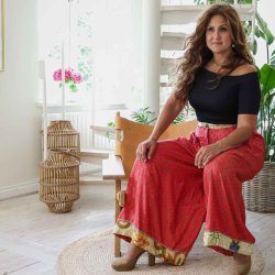 Red-orange / beige / taupe Cleopatra palazzo Size L/XL 
