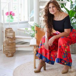 Red-orange / blue Cleopatra palazzo size S/M