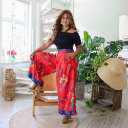 Red-orange / blue Cleopatra palazzo size S/M