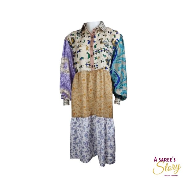 Beige / lilla / sort mixprint Cristina midi babydoll kjole OneSize