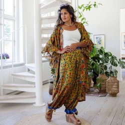 Chartreuse-green / blue / pink Cleopatra palazzo size S/M