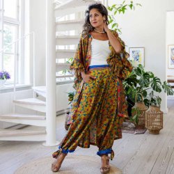 Chartreuse-green / blue / pink Cleopatra palazzo size S/M