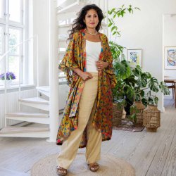 Chartreuse-green / blue / pink Doyenne kimono ruffled OneSize