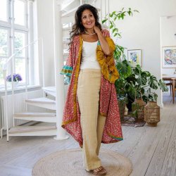 Coral red / taupe / mustard Doyenne kimono ruffled OneSize