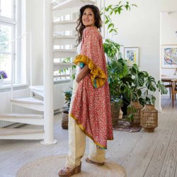 Coral red / taupe / mustard Doyenne kimono ruffled OneSize