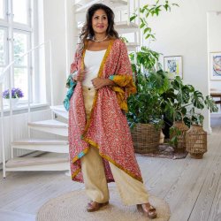 Coral red / taupe / mustard Doyenne kimono ruffled OneSize