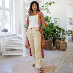 Coral red / taupe / mustard Doyenne kimono ruffled OneSize