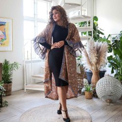 Latte brown / purple / green Doyenne kimono ruffled OneSize