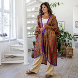 Taupe / green / orange Doyenne kimono ruffled OneSize