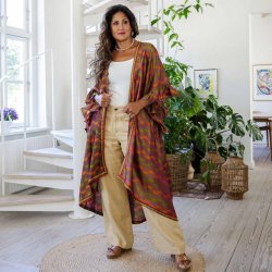 Taupe-purple / tangerine / green Doyenne kimono ruffled OneSize