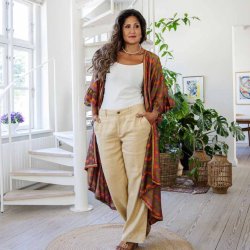 Taupe-purple / tangerine / green Doyenne kimono ruffled OneSize