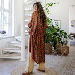 Taupe-purple / tangerine / green Doyenne kimono ruffled OneSize