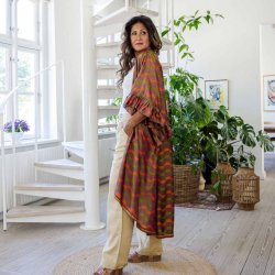 Taupe-purple / tangerine / green Doyenne kimono ruffled OneSize