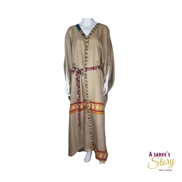 Lys og mrk beige med orange og rd Duenna lang kaftan dress OneSize