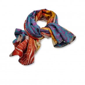 Turquoise / violet and red / orange / white Geisha 2 sided scarf 90x90cm