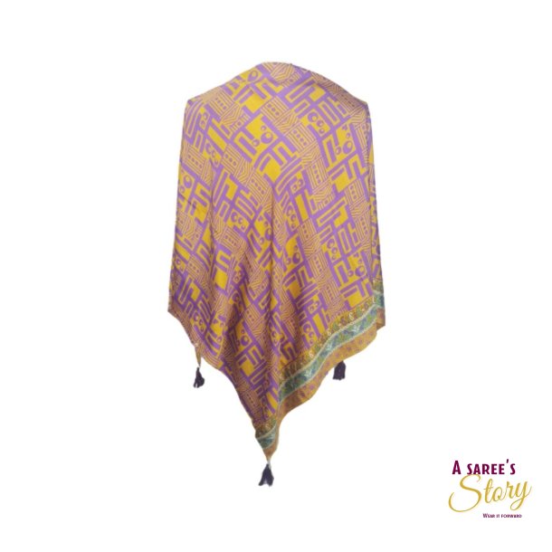 Purple / mustard yellow /  green details. Geisha scarf 90x90cm 
