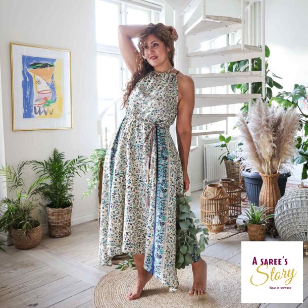 Creme / petrol / marine Malaga halter maxi kjole OneSize