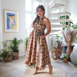 Taupe / rust / olive green Malaga halter maxi dress OneSize